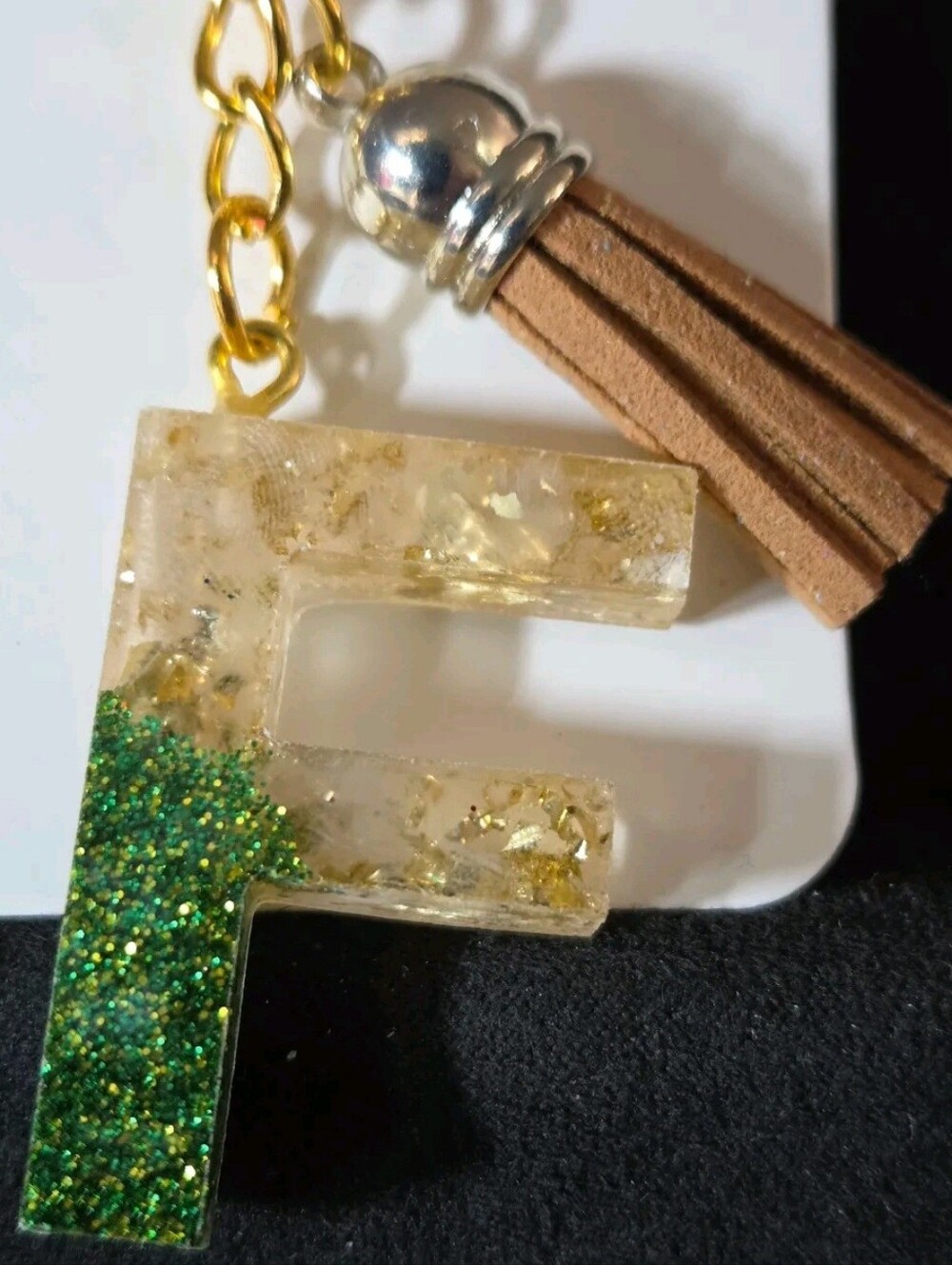 Personalized 'F' Resin Keychain with Green Glitter and Tan Tassel